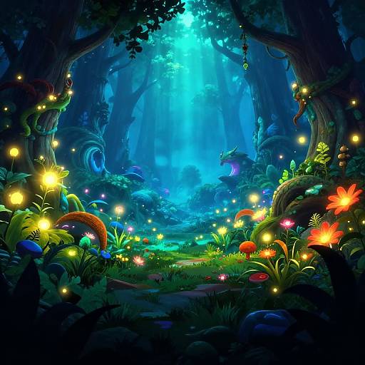 Vibrant, magical forest scene with glowing fireflies, colorful flowers, and bioluminescent blue light filtering through towering trees. Digital art.