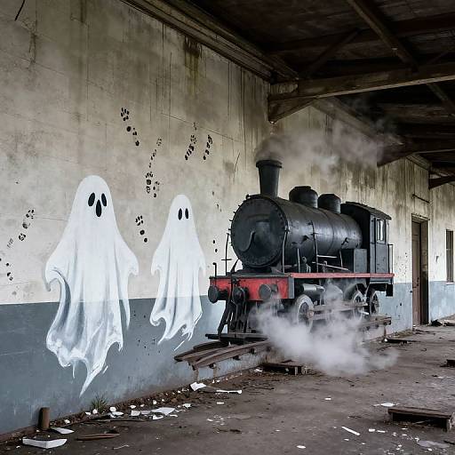 Photograph of a black steam locomotive in a dim, abandoned train shed, with three white ghostly figures floating beside it.