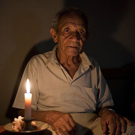 Photograph of an elderly man with wrinkled skin, wearing a light-colored shirt, sitting in dim light, illuminated by a single candle, looking pens