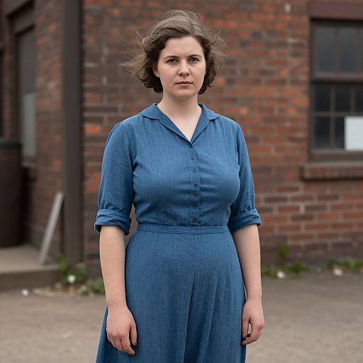 Photograph of a fair-skinned woman with short, wavy brown hair, wearing a blue, buttoned dress, standing in front of a brick
