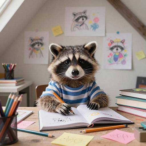 Photograph of a raccoon wearing a blue-striped shirt, drawing in an artist's attic studio with colorful children's raccoon paintings on the wall.