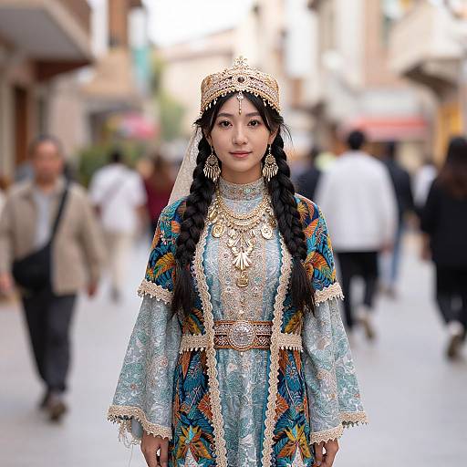 Photograph of an Asian woman in traditional, colorful embroidered dress and headpiece, standing in a bustling street, blurred background.