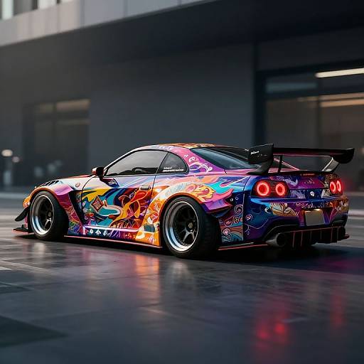 Photograph of a brightly colored, flame-patterned sports car with a large rear spoiler, parked on a dark, glossy urban street.