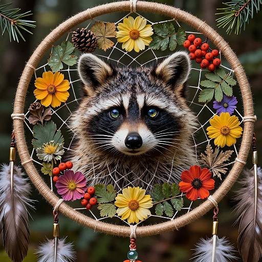Photograph-style digital art: realistic raccoon's face centered in colorful dreamcatcher adorned with flowers, berries, pinecones, and feathers,