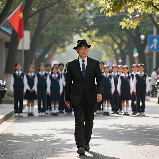 Man in Suit Strolling Past Schoolchildren