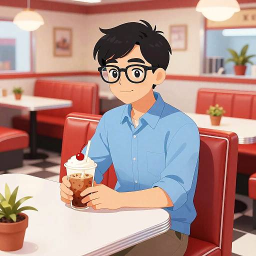 Digital illustration of a young man with black hair and glasses, wearing a blue shirt, sitting in a retro red and white diner, holding a milkshake