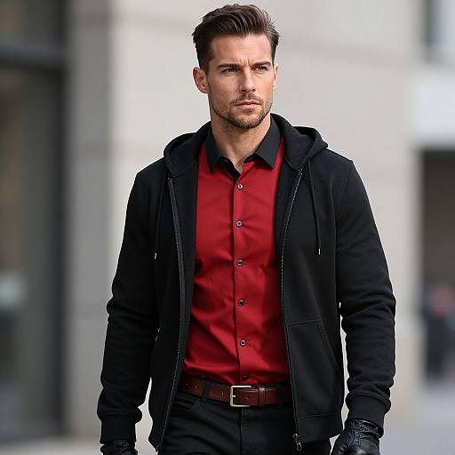 Photograph of a handsome, serious-looking man with short brown hair, stubble, wearing a red shirt, black hoodie, and black jacket, standing