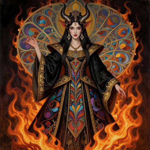 Digital artwork of a dark-haired, pale-skinned queen with black horns, ornate gold and black robe, surrounded by vivid peacock tail pattern and