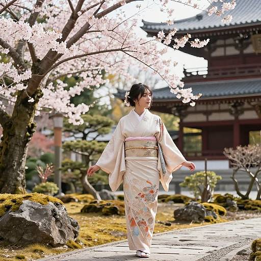 Photograph of a Japanese woman in a white kimono with pink obi, walking under cherry blossom trees in a traditional garden.