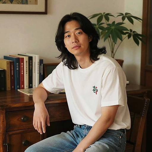 Photograph of an Asian man with shoulder-length black hair, wearing a white t-shirt and blue jeans, sitting on a wooden desk with books and a