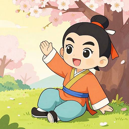 Cartoon Asian Child in Traditional Clothing by Cherry Blossoms