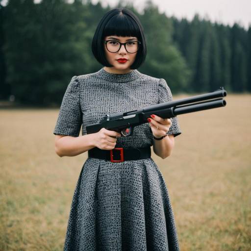 Woman in Grey Dress Holding Gun Outdoors