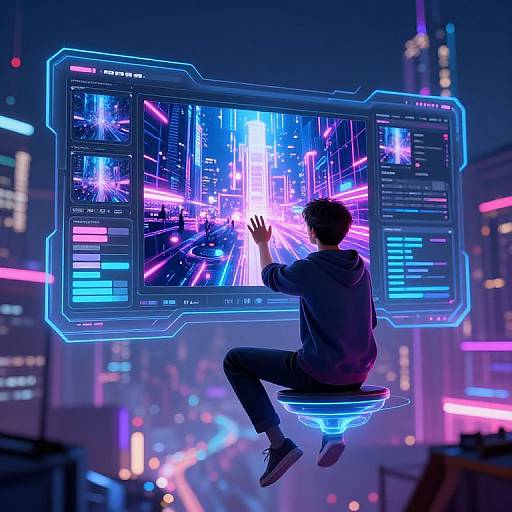 Digital art: Silhouetted man in hoodie, floating on glowing stool, controls futuristic holographic cityscape with vibrant neon lights and data screens.