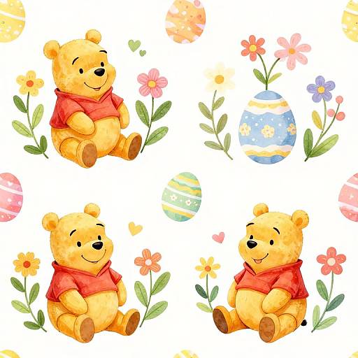 Watercolor illustration of four smiling Winnie the Pooh bears in red shirts, surrounded by colorful flowers and Easter eggs.