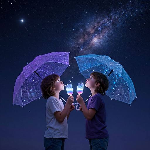 Photograph of two children with glowing umbrellas, holding blue-lit glasses, facing each other against a starry night sky with the Milky Way.
