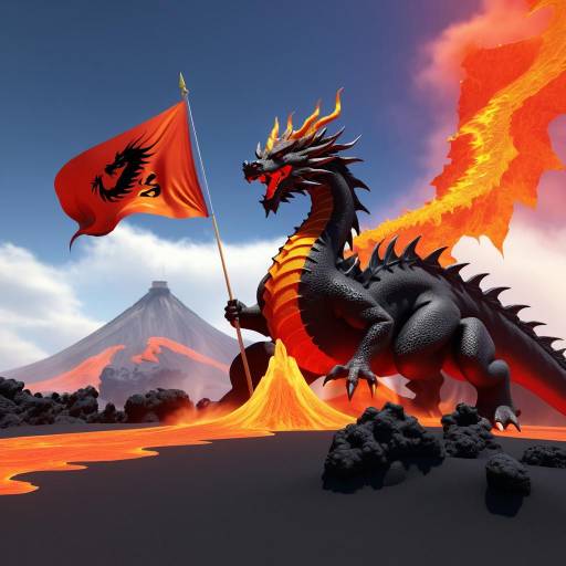 Fiery Dragon Holding Flag in Volcanic Eruption