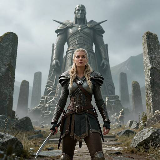 Photorealistic CGI of a blonde warrior woman in medieval armor, standing before a towering, armored statue in a ruined, misty landscape.