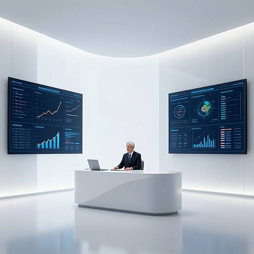 Photograph of a white-haired man in a black suit seated at a modern white desk, working on a laptop in a brightly lit, minimalist office with