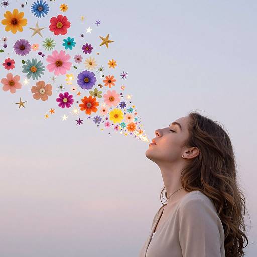 Photograph of a young woman with long brown hair, closed eyes, and light beige shirt, as colorful flowers and stars float from her head against a