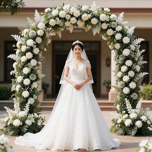 Bride in Simple Bridal Gown with Floral Arch