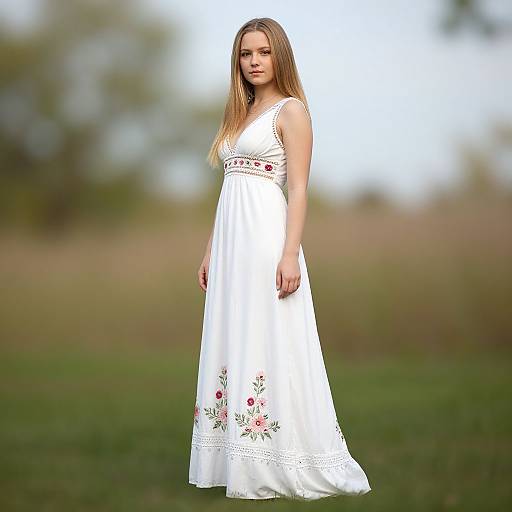 Photograph of a young woman with long blonde hair, wearing a white floral dress, standing in a grassy field with a blurred background.