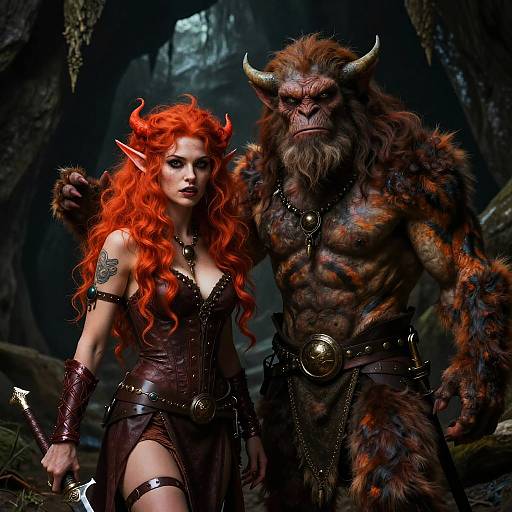 Photorealistic CGI of a red-haired elf woman with horns and a muscular, horned, furry minotaur in dark, medieval forest.