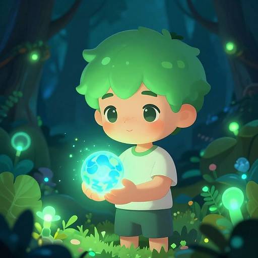 Digital illustration of a cute, green-haired boy with big eyes, holding a glowing blue orb in a dark, enchanted forest with bioluminescent plants