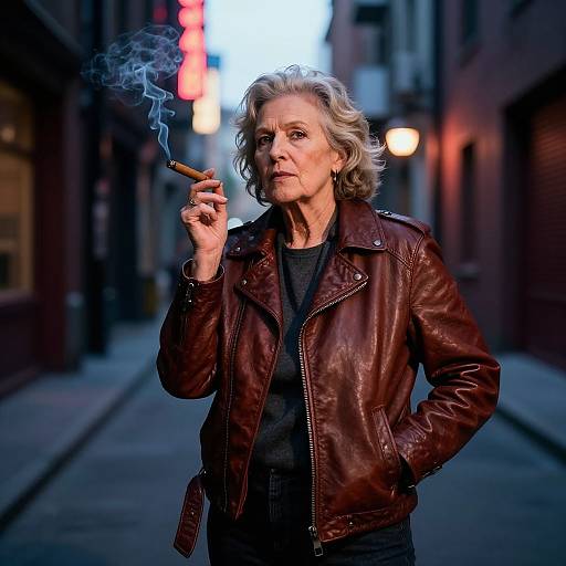 Photograph of an older white woman with gray hair, wearing a brown leather jacket, smoking a cigarette in a dimly lit urban alley at dusk.