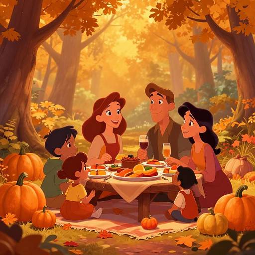 Illustration of a happy family enjoying a pumpkin-themed autumn picnic in a sunlit forest, surrounded by pumpkins and vibrant orange leaves.