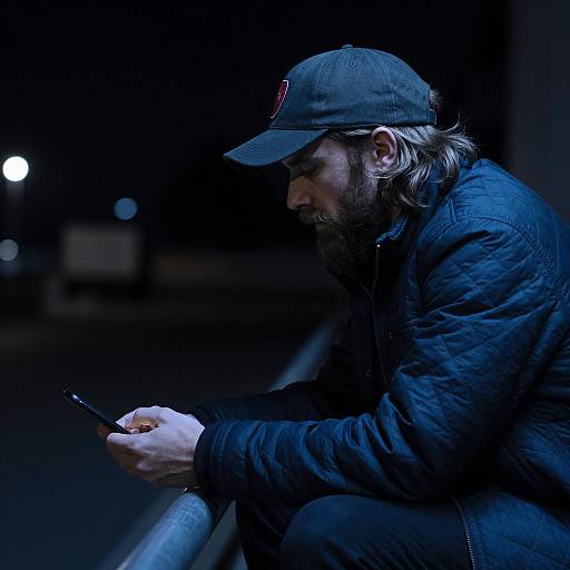 Bearded Man in Baseball Cap Leaning on Railing at Night