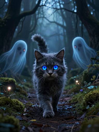 Digital artwork: Furry gray cat with glowing blue eyes walks through a dark, eerie forest, pursued by two ghostly, blue-eyed spirits.