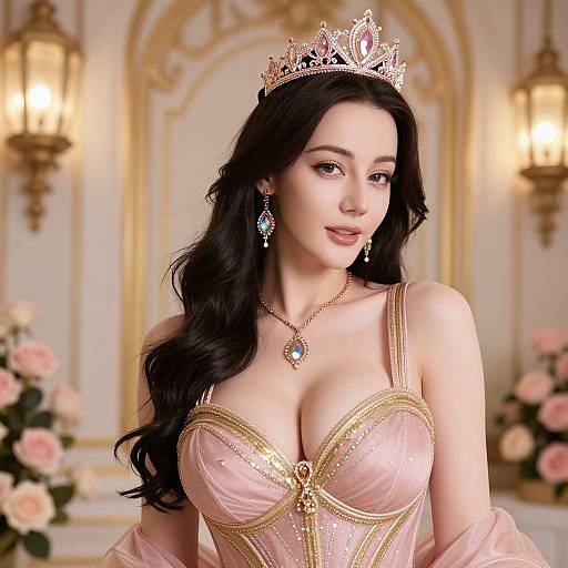 Digital illustration of a fair-skinned, dark-haired woman with large breasts, wearing a pink, gold-embellished dress, tiara, and