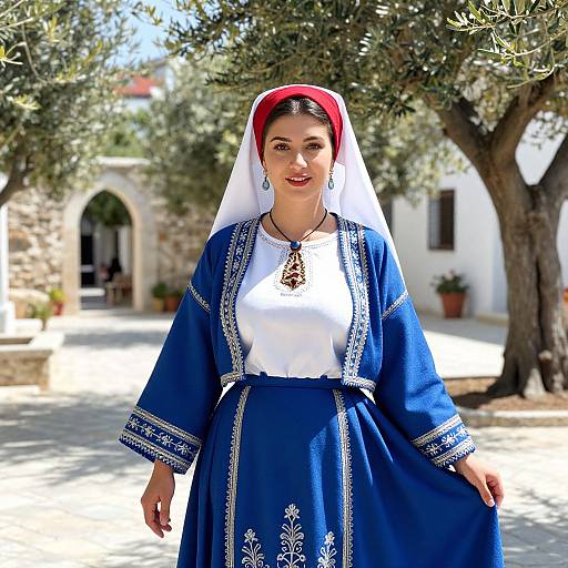 Photograph of a woman in traditional blue and white embroidered dress, red headscarf, white veil, and ornate necklace, standing in a sun