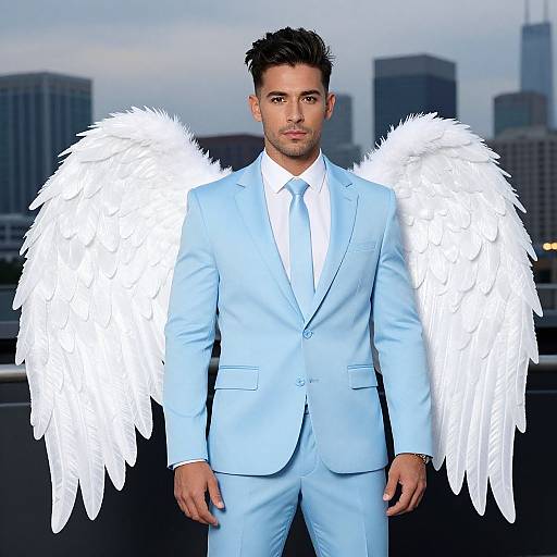 Photograph of a handsome man with dark hair, light skin, and a trimmed beard, wearing a light blue suit and large white angel wings, standing