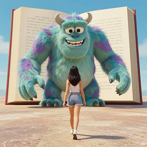 CGI image of a smiling blue and purple furry monster with horns standing before an open book, a girl with long black hair, white tank top,