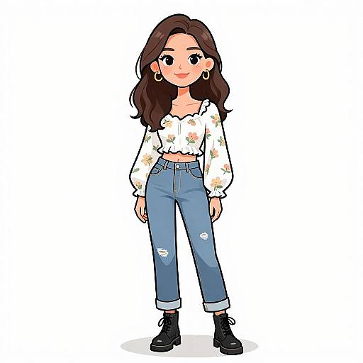 Digital illustration of a cute young woman with long brown hair, wearing a floral top, high-waisted ripped jeans, and black boots.