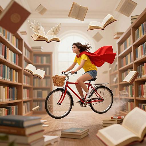 Digital illustration of a young woman with black hair, yellow shirt, red shorts, and red cape, flying on a red bicycle through a library filled with