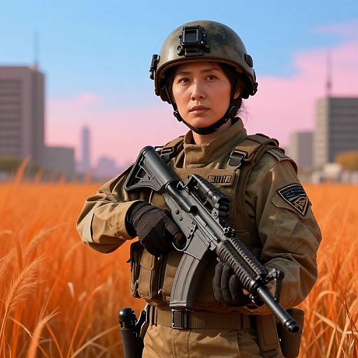 Photograph of an Asian female soldier in tan uniform, black helmet, and gloves, holding an assault rifle in an orange field with city buildings in the