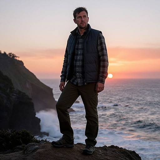 Photograph of a bearded man in a plaid shirt and puffy vest standing on a rocky cliff at sunset, ocean waves crashing in the background