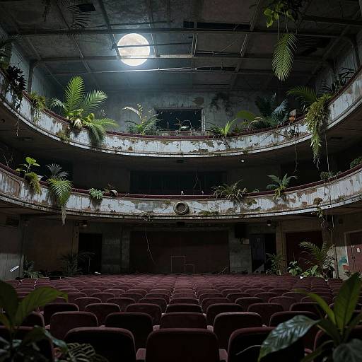 Abandoned, decaying theater with overgrown ferns, dark red velvet seats, and a bright moonlit ceiling, creating a haunting, eerie atmosphere