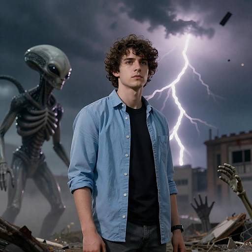 Confident Young Man Amidst Chaos