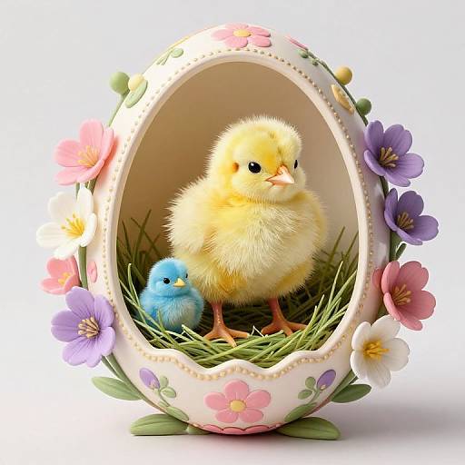 Photograph of a yellow chick with fluffy feathers and a blue chick in a decorated, floral egg-shaped nest with grass.