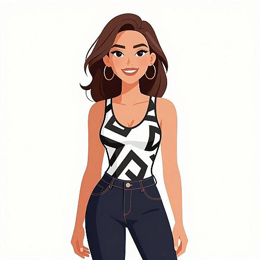 Digital illustration of a smiling, brown-haired woman with hoop earrings, wearing a white and black geometric-patterned tank top and dark blue jeans, standing against