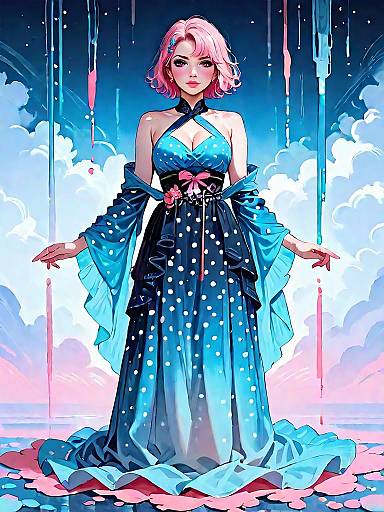 Fantasy Girl in Blue Polka Dot Dress