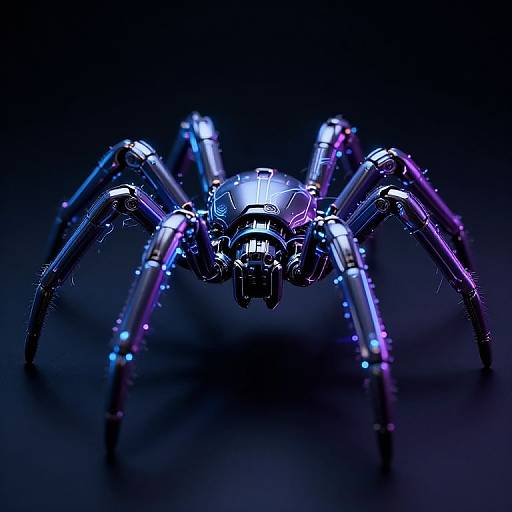 Glowing, cybernetic spider with blue and purple neon accents, viewed from front, against a dark, blurred background. Digital CGI artwork.