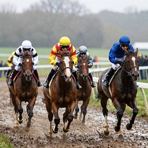 Photograph of five horse racers in colorful jockey silks (yellow, red, white, blue, black) galloping on a muddy