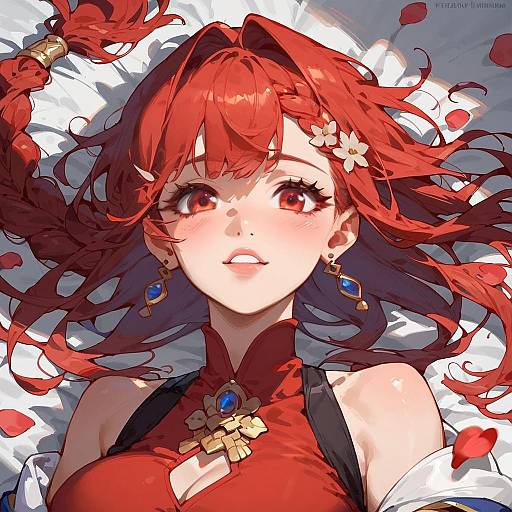 Anime Girl with Red Hair and Falling Sakura Petals