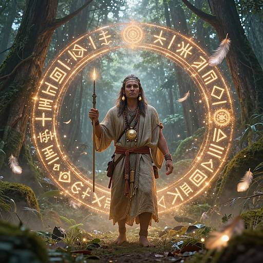 Photorealistic CGI of a Native American woman in a forest, wearing traditional attire, holding a torch, surrounded by glowing runes.