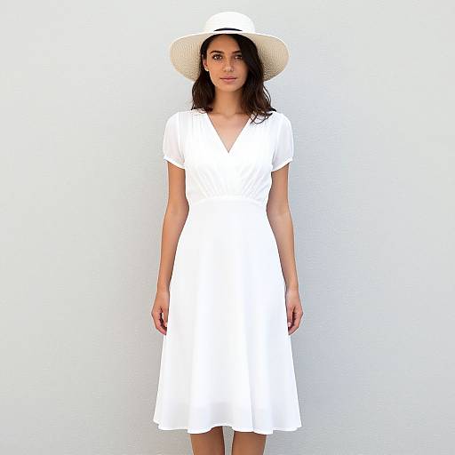 Photograph of a young woman with dark hair, wearing a white short-sleeve dress and wide-brimmed hat, standing against a plain white