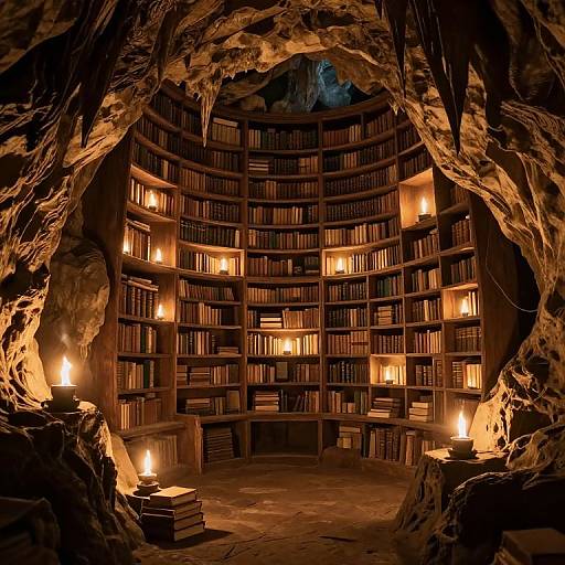 Photograph of a dimly lit, cave-like library with curved wooden bookshelves illuminated by warm, flickering candles, creating a mysterious, cozy